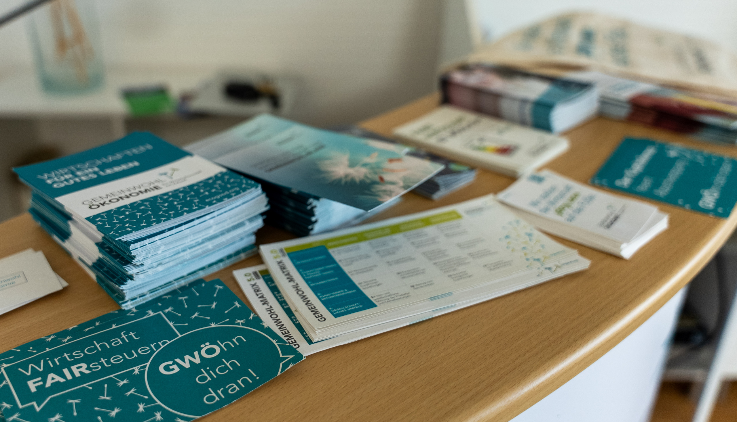 Informationsbroschüren zur Gemeinwohl-Ökonomie liegen auf einem Tisch aus.