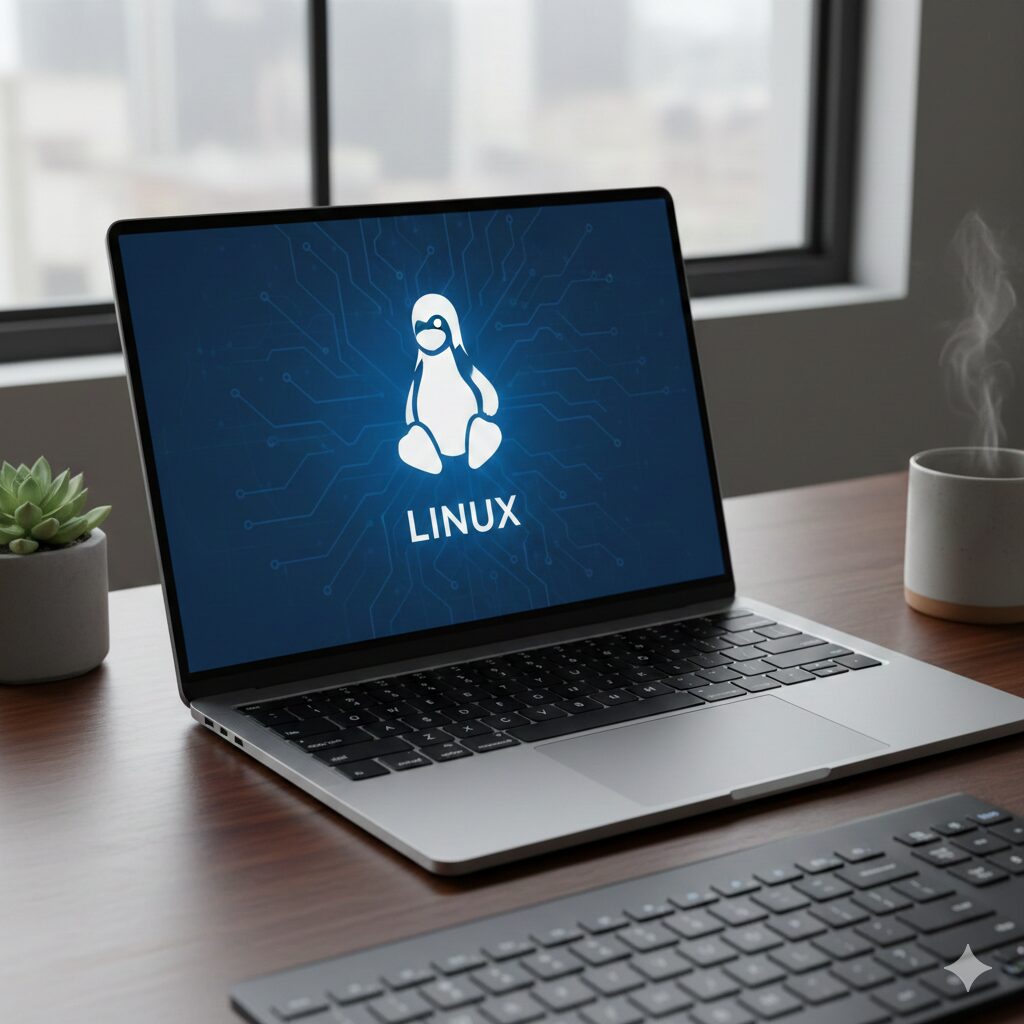 Laptop mit Linux-Logo auf dem Bildschirm