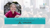 Ankündigungsbild zur Veranstaltung Nachhaltig wirtschaften in turbulenten Zeiten. Es ist das Gesicht der Vaude-Geschäftsführerin Antje von Dewitz zu sehen.